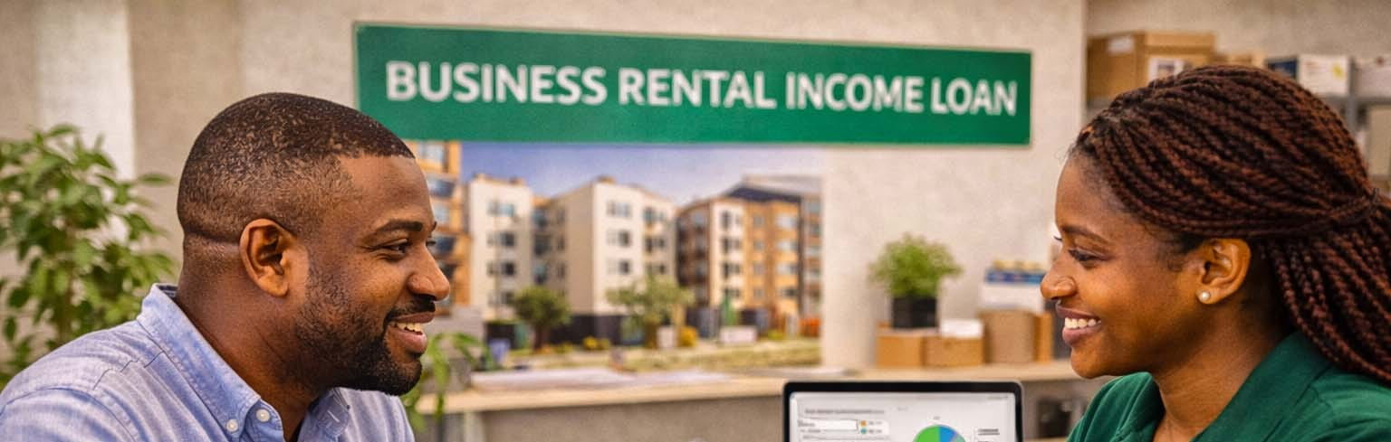 Smiling business partners discussing rental property financing in front of a Business Rental Income Loan banner at Kenyatta Matibabu SACCO in Nairobi