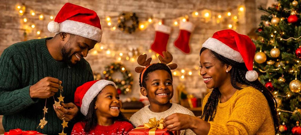 Happy family celebrating festive season together for Kenyatta Matibabu SACCO Christmas Savings Account in Nairobi