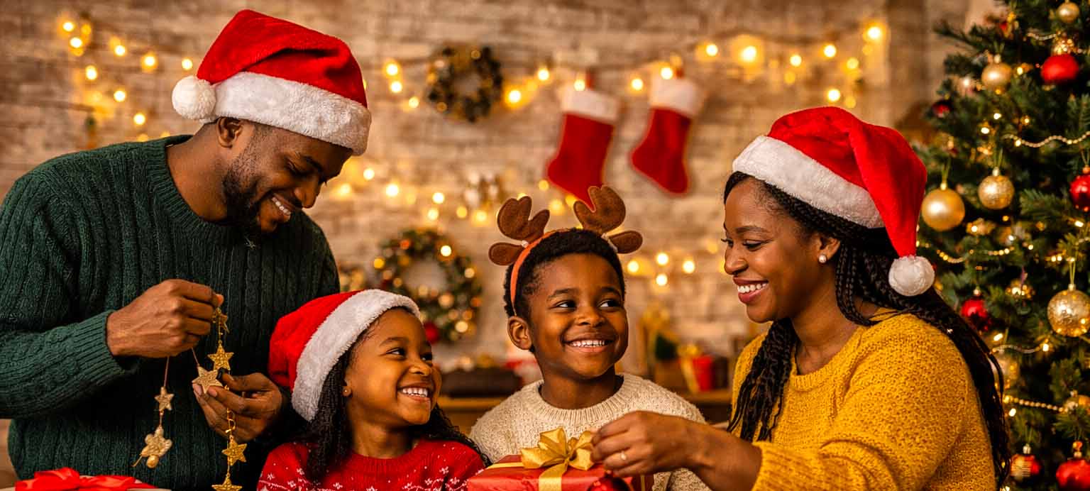 Happy family celebrating festive season together for Kenyatta Matibabu SACCO Christmas Savings Account in Nairobi
